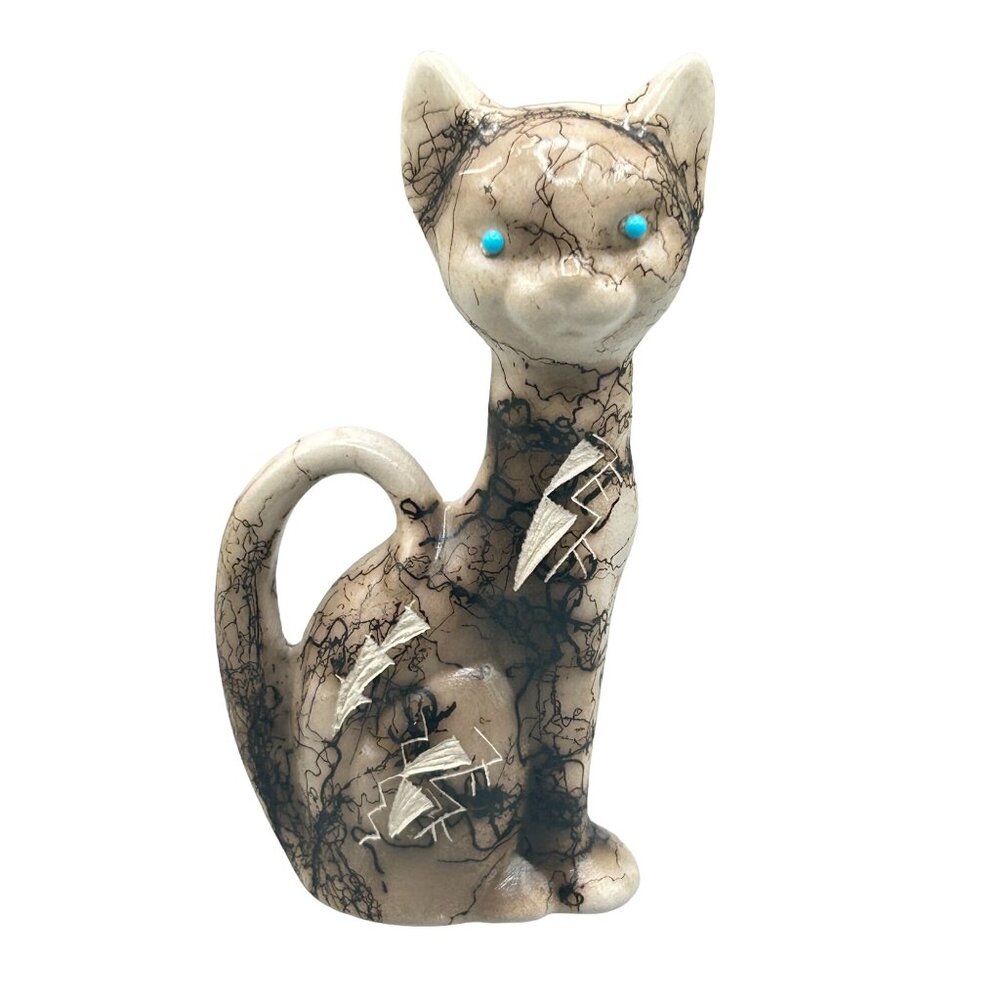 Vintage Native American Horse Hair Pottery Cat Figurine with Turquoise Eyes